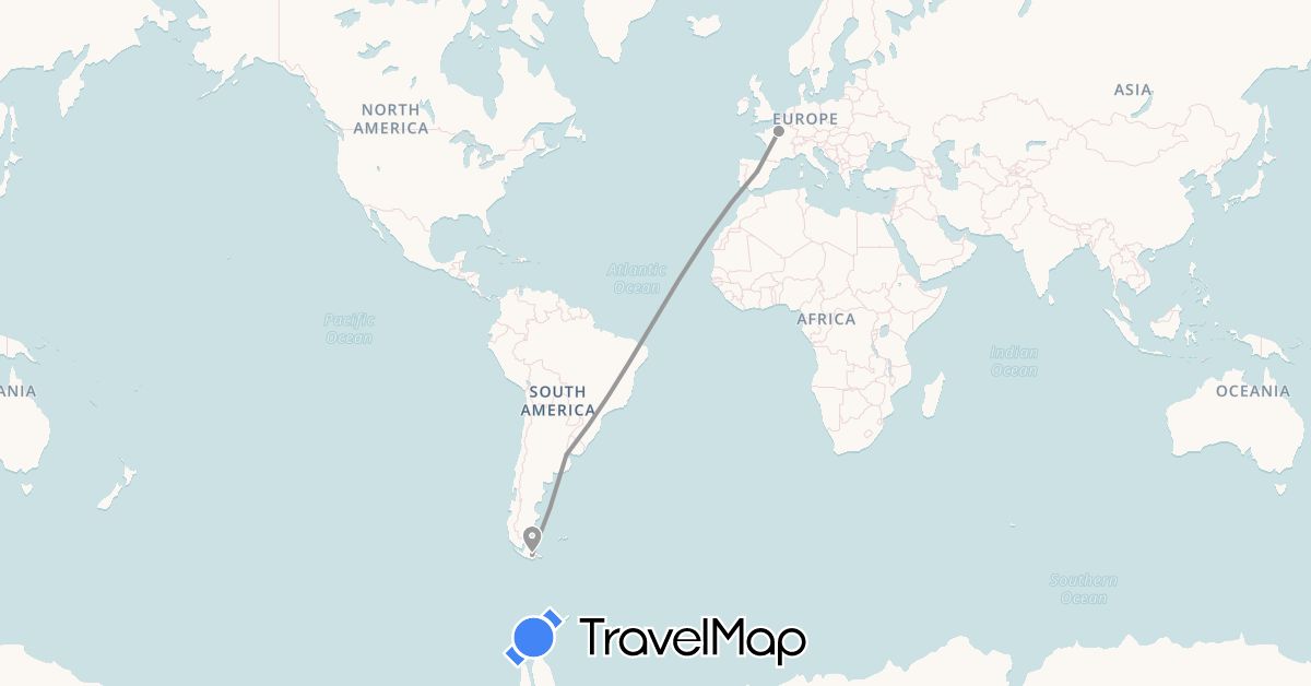 TravelMap itinerary: driving, plane in Argentina, Spain, France (Europe, South America)